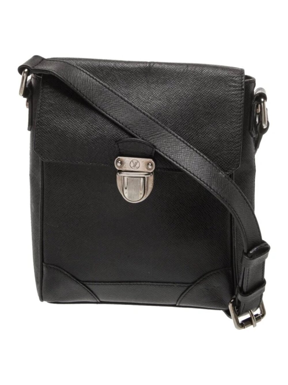 Louis Vuitton Black Leather Messenger Bag with Silver Hardware 2007